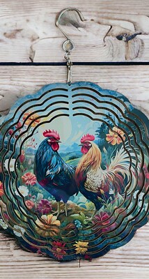 Roosters in Flowers Wind Spinner, Chicken Wind Spinner - image2